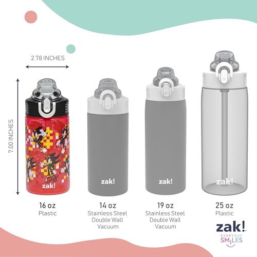 Zak Designs Sonic the Hedgehog Water Bottle 16oz Durable Plastic 2-Pack Set | Sage, Kids, For School or Travel, Water Bottle With Straw, Handle, Leak-Proof, Pop-Up Spout Cover, Sonic & Shadow