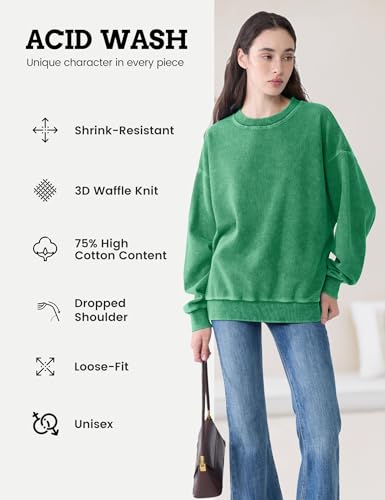 Emerald Acid Wash Sweatshirt Women Oversized Waffle Crewneck - Small