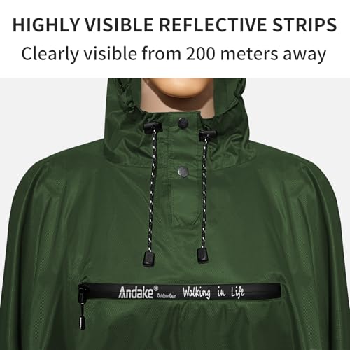 Andake Waterproof Rain Poncho for Adults Unisex with Transparent Viewing Window - One Size Dark Green