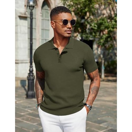 COOFANDY Mens Slim Fit Knit Polo Shirts Business Lightweight Polo Sweater Casual Summer Ribbed Textured Collared T Shirt