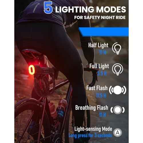 Combination Bike Lock Cable - with LED Bike Tail Light and Keypad Light, IPX6 Waterproof Heavy Duty Strong Anti-Theft 5 Digit Keyless Cable Lock, for Kids Adult Bike Accessories (4FT, Black-0.5 inch)