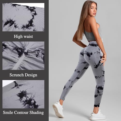 High Waist Tie Dye Yoga Leggings for Women - Large Gray Black Army Green Sapphire 4 Pack