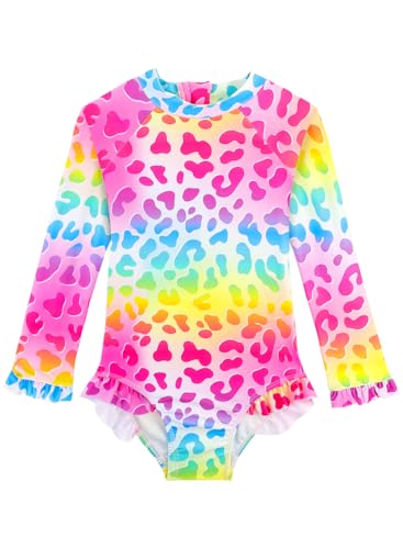 Rainbow Leopard Baby & Toddler Girl Long Sleeve Ruffle Swimsuit 2-3T - UPF 50+ Sun Protection