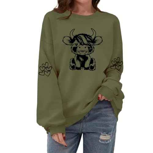 Women Highland Cow Sweatshirt Cute Cowgirl Gift Christmas Farm Sweatshirt Ribbon Long Sleeve Shirts
