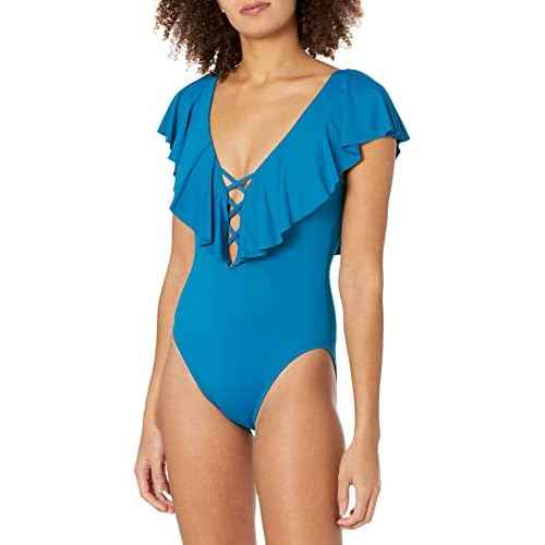 La Blanca Women's Standard Island Goddess Strappy V-Front Ruffle Shoulder One Piece Swimsuit