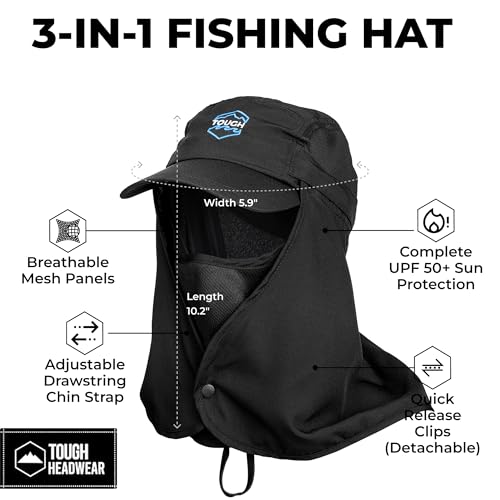 Tough Headwear Fishing Cap with Face Mask & Neck Flap - Black - Sun Protection UPF 50