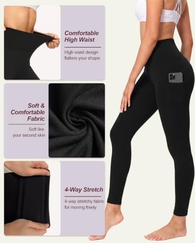 High Waisted Leggings for Women with Pockets - Black, 26 Inch, XX-Large