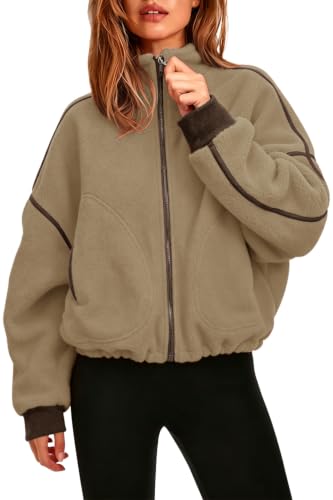 Women Fleece Cropped Full-Zip Jacket with Stand Collar & Pockets - Warm Outerwear