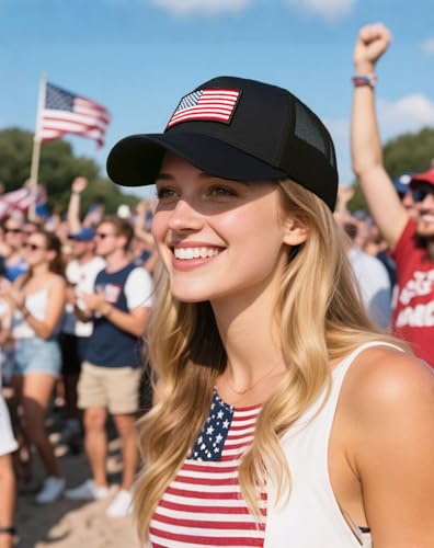 Black American Flag Trucker Hat for Men and Women, Adjustable USA Baseball Cap