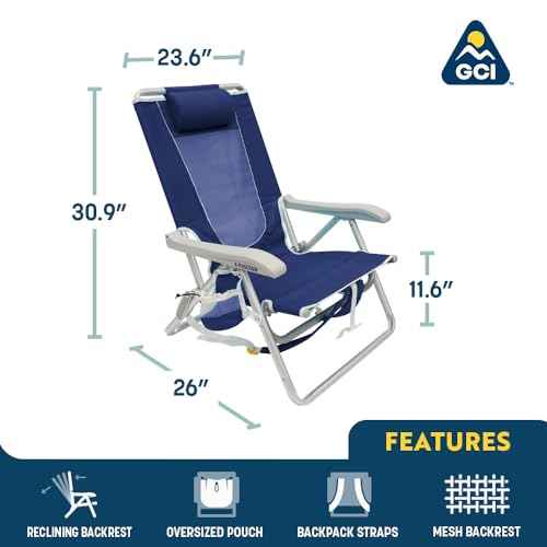 GCI OUTDOOR Backpack Beach Chair | Reclining Folding Chair with Durable Armrests, Drink Holder & Carry Straps, Perfect for Beach Trips & Picnics ? Nautical Blue