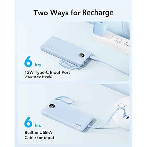 VRURC 10000mAh Power Bank Built-in Cables, Portable Charger with LED Display, Slim Travel Battery Pack with Cords, 5 Output Dual Input Phone Charger for Cell Phone Smart Devcies-Blue(1 Pack)