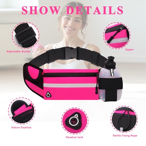 Pink Water Bottle Running Belt with Water Bottle Holder for Women Girls Kids Plus Size Fitness