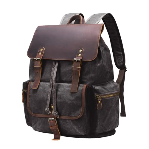 Dark Grey Vintage Waxed Canvas Backpack with Leather Accents