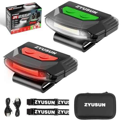 2-Pack Rechargeable Cap Light,Portable headlamps,Clip on Hat with Motion Sensor,Lightweight IPX4 Waterproof,White/Red/Green Night Vision LED Lights for Hunting Fishing Camping Hiking Cycling