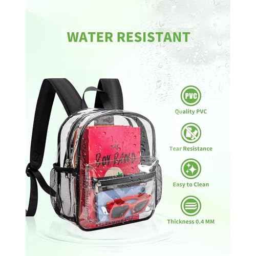 MAY TREE Clear Backpack for Stadium Events, 12x11x5 Inches Small Clear Backpack for Concert Festival Sports Outdoor - Black