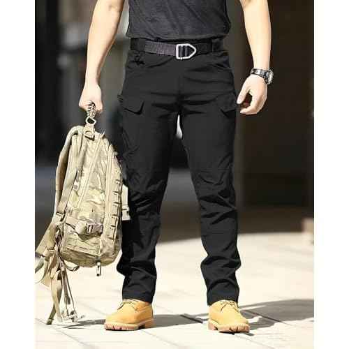 Men's Cargo Tactical Pants Work Hiking Trousers Waterproof Lightweight Elastic Waist for Travel with Pockets(No Belt)