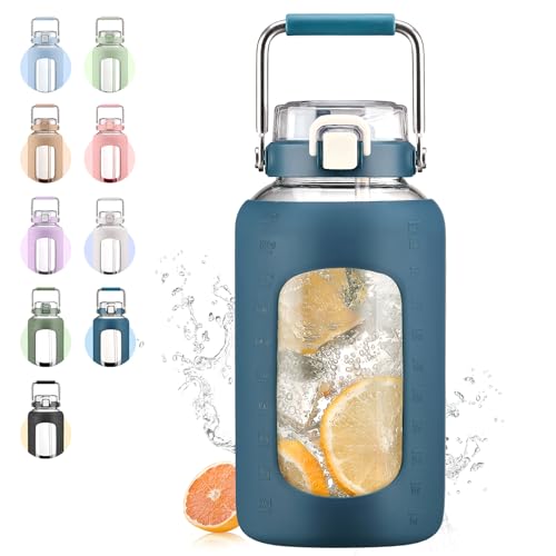 84oz Glass Water Bottle with Dual-Purpose Lid and Silicone Handle - Dark Blue