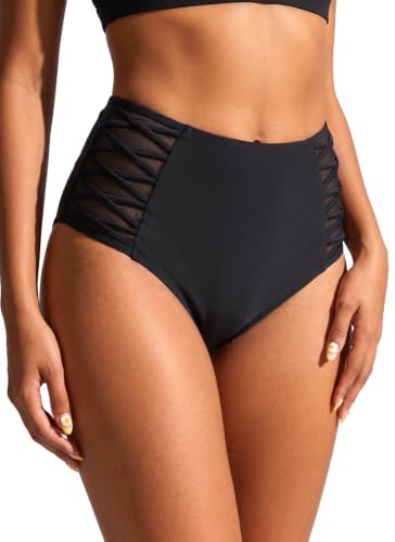Women High Waisted Bikini Bottom Tummy Control Swim Bottom Side Mesh Large Black