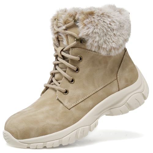 Anjoufemme Women’s Winter Snow Hiking Boots Fur Lined Beige 8.5