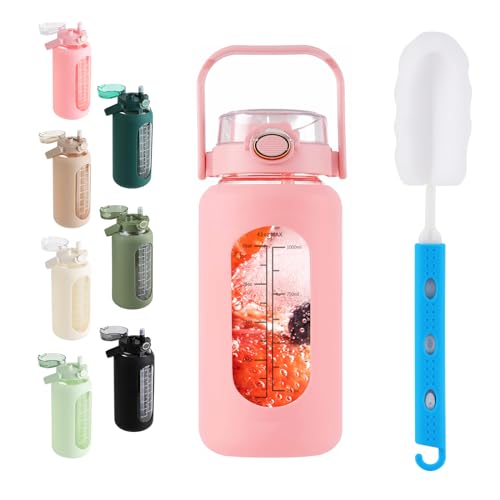 42 oz Glass Water Bottle with 2-in-1 Straw Lid, Large Half Gallon with Time Marker