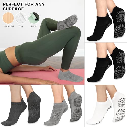 Unenow Women Non-Slip Pilates Socks with Grips 5 Pairs - One Size, Black Grey White