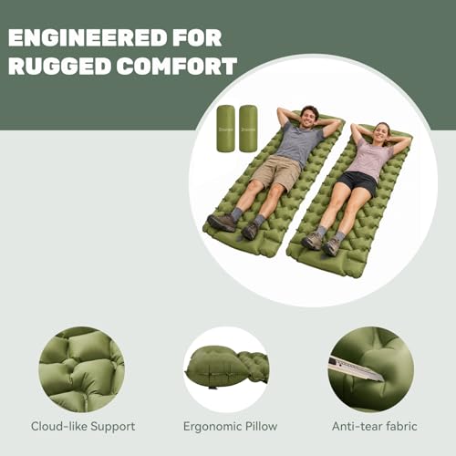 Inflatable Camping Sleeping Pad with Pillow and Foot Pump - 2 Pack, Lightweight and Compact for Tent, Backpacking, Hiking (Green)