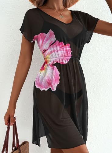 Dokoto Womens V Neck Sheer Mesh Beach Bikini Cover Up Dress Black Large - Floral