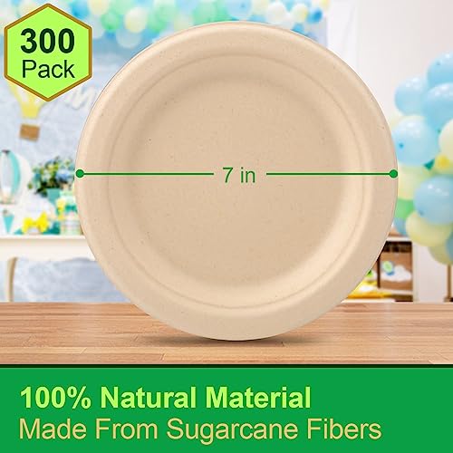 Brown 7 Inch Compostable Paper Plates - 300 Pack, Eco-Friendly & Durable
