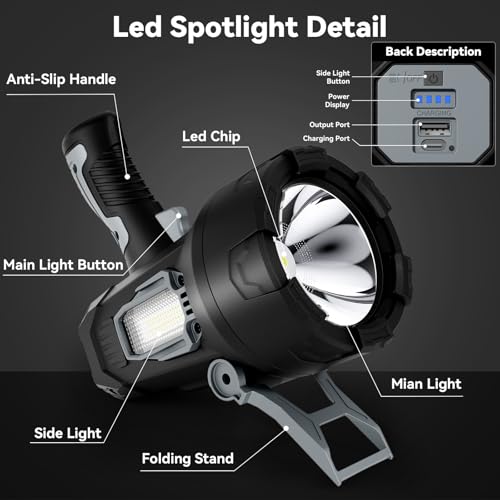 Rechargeable 200000 Lumens Waterproof LED Spotlight with 3 Lenses & Foldable Stand