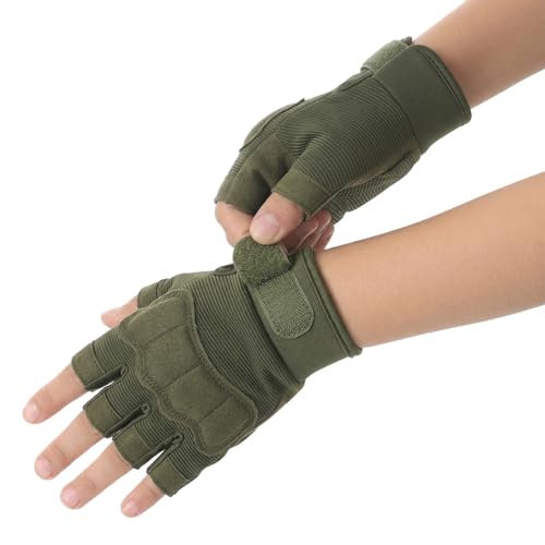 Kids Tactical Half Finger Cycling Gloves - Green, Anti-Slip, Adjustable Wrist