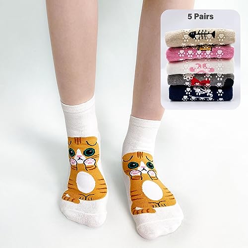 Hellomamma Non Slip Yoga & Ballet Socks for Women - Animal Pattern, 5-Pack - Cat Variation