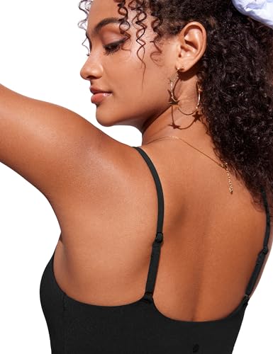 Women's Medium Black Cami Strap Longline Bikini Top - Quick Dry, Supportive