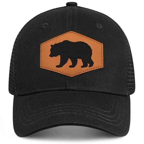 Bear Baseball Cap for Bear Lovers,Leather Trucker Hat Snapback Hat for Men Women Brown