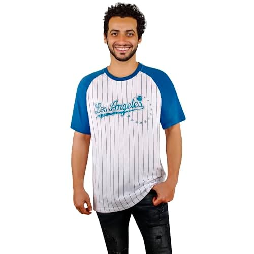 Mens City Baseball Fans Vintage Sporty Pinstripe Crew Neck Tee Shirts - Navy & Red