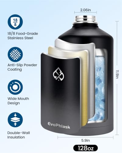 128oz Insulated Water Bottle with Carrier Bag - Black & Gray, Double-Walled