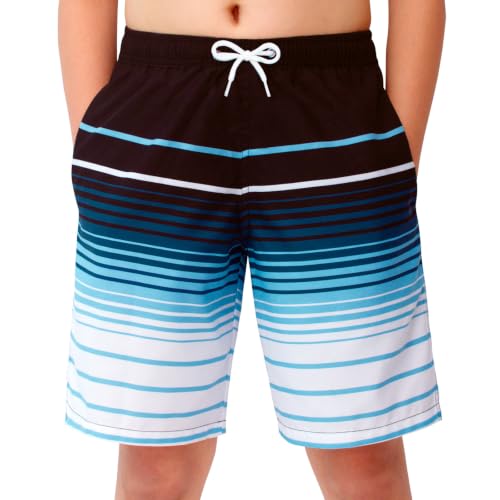 Kids Swim Trunks 2-in-1 Bathing Suit with Quick Dry Board Shorts & Compression Liner - Sky Blue Stripes, Size 14-16