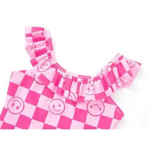 Girls One Piece Swimsuit - Adjustable Strap, Checked Face & Mermaid Print Toddler Ruffle Bathing Suit Size 2T-10