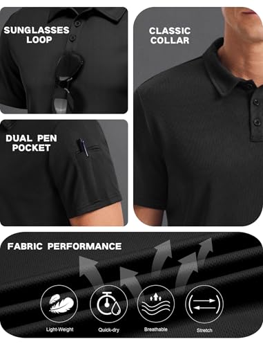 Men's Athletic Polo Shirt - Quick Dry Short Sleeve Black Medium