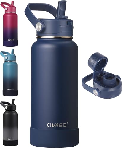 Insulated Stainless Steel Water Bottle with Removable Straw - Navy 32oz