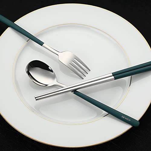 Dark Green Travel Utensils Set with Case - 4Pcs Stainless Steel Cutlery for Camping, School, Office