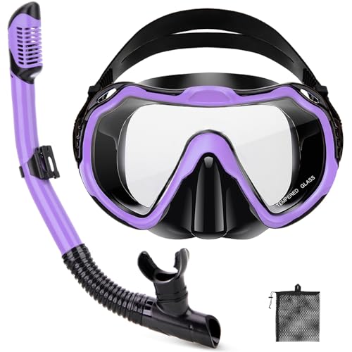 Purple Adult Snorkel Set with Panoramic Mask and Dry Snorkel - Anti-Fog, Anti-Leak