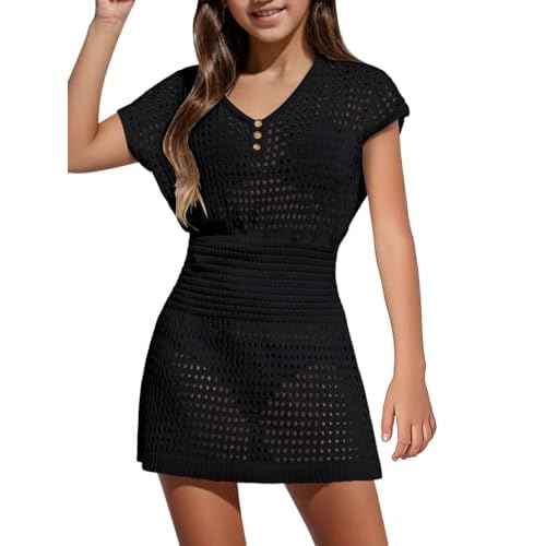 Haloumoning Girls Crochet Swim Beach Cover Up Kids Fashion Button Short Sleeve Swimsuits Cover Ups 5-14 Years