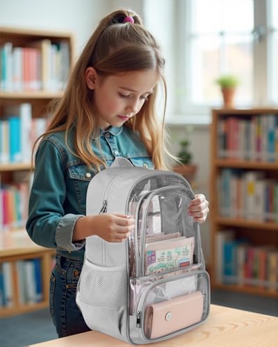 Large Grey Clear Backpack with Reinforced PVC & Fabric, Laptop & Travel Bag