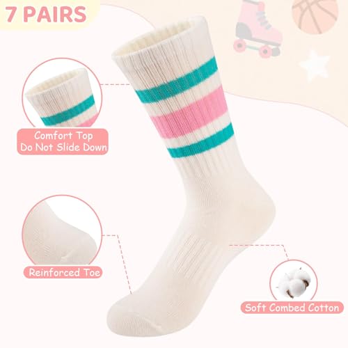 Girls Crew Socks 7 Pairs Kids Athletic Calf Socks Casual Stripe White 10-12 Years