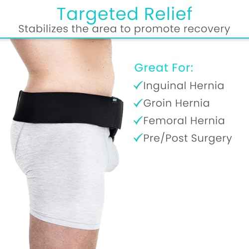 Vive Inguinal Hernia Belt for Men & Women - Left or Right Groin Support Truss for Targeted Compression, Pain Relief, Comfort, Pre & Post Surgery, Injury Recovery - 3 Removable Pressure Pads and Splint (Black)