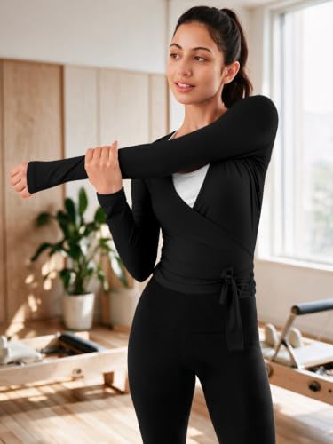 Women's Ballet Wrap Top Long Sleeve Yoga & Pilates Shirt - Medium Black