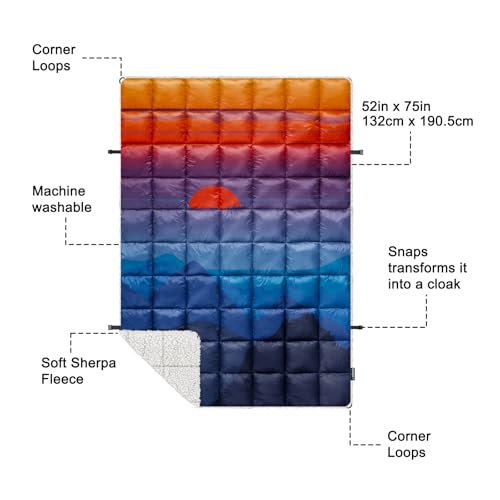 Outdoor Camping Blanket with Sherpa Lining - Blue Mountain Sun Variation 52x75in