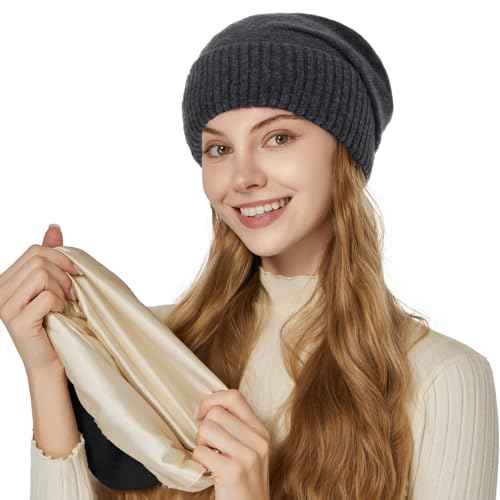 Cashmere Blend Satin Lined Beanie Hat Wool Winter Hats for Women Men Cuffed Hat Silk Lining Slouchy Beanie Women Knit Hat