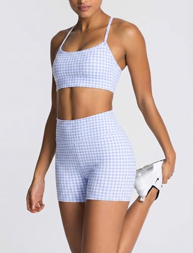 Gingham Blue Workout Sets for Women 2 Piece Sports Bra & High Waist Shorts - Medium