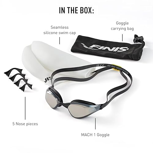 FINIS Mach 1 Low-Profile Racing Goggles With Carry Bag - 5 Nose Pieces - Swim Cap - Titanium